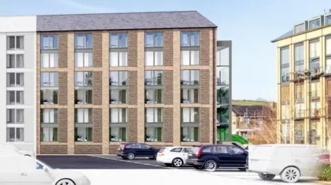 A sketch of a 6-storey building with big windows, and a car park in front 