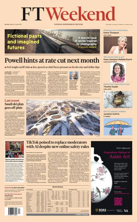 The headline on the front page of the Financial Times reads: “Powell hints at rate cut next month”.