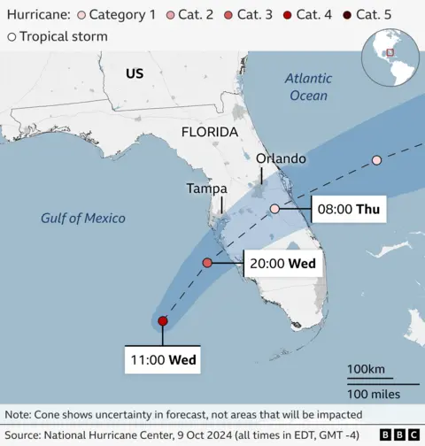 Annotated BBC map tracking Hurricane Milton's path towards Florida. The graphic shows the hurricane moving from the Gulf of Mexico toward Florida, passing over Tampa after 2 a.m. Thursday and Orlando before 2 p.m. the same day.