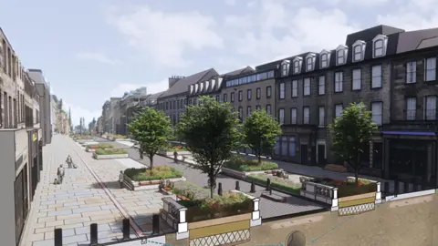 An artist impression of the George Street redevelopment. It features a stone pavement, planters, four trees and a cycle lane down the centre of the street. Tenement-style buildings stand on either side of the street.