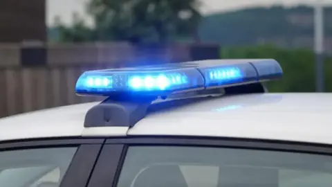 Stock image of flashing blue lights on the roof of a police vehicle. It is closely cropped in, and the background of a tree and a fence is out of focus.