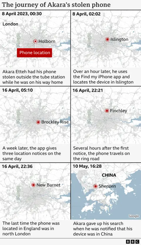 Um mapa mostrando a localização dos telefones aparecendo em Londres antes de aparecer na China.