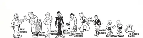 DC Thomson An original black and white drawing of The Broons. There are ten characters standing in a line with their names below the drawings. 