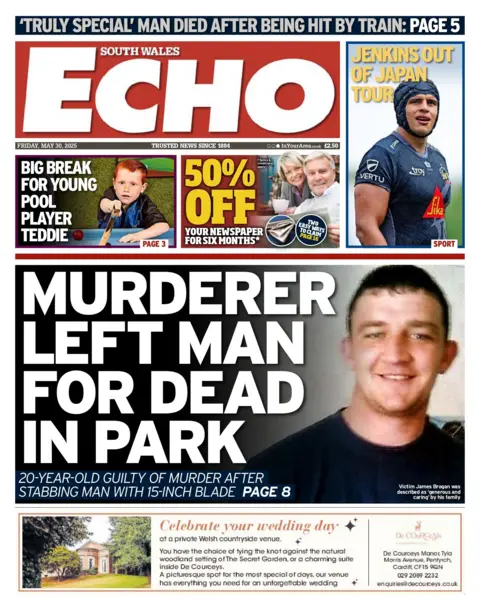 South Wales Echo South Wales Echo front page. Headline story is a photo of a man smiling. Text: Murderer left man for dead in park. 20-year-old guilty of murder after stabbing man with 15-inch blade. Stories above photo of a little boy holding a pool queue. Text: Big break for young pool player Teddie. Ad: 50% off your newspaper for six months. A man and a woman with grey hair smile, the woman is standing behind the man who is sat. Third story in a blue box: Man wearing a blue shirt and a blue scrum hat. Text: Jenkins out of Japan tour.