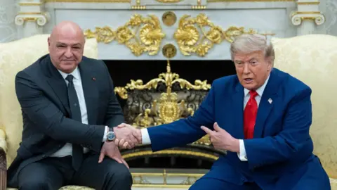 EPA Lebanese President Joseph Aoun (L) shakes hands with US President Donald Trump (R) at the White House (21 July 2026)