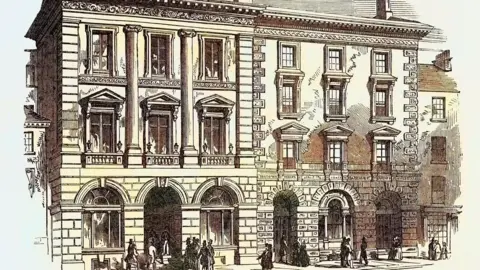 Getty Images A sepia engraving of Italianate three-storey building with arched doorways to the ground floor and pillars to the first and second floors. Various people in Victorian clothing are visible on the adjacent road.