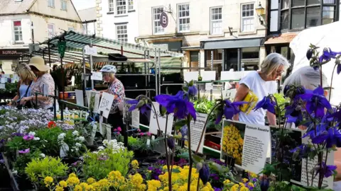 A group of people browsing a flowers and plants stall in a street market. In the foreground are yellow and blue flowers, with buildings and other market stalls in the background.