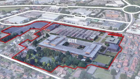 A computer generated image showing offices and homes and an area lined off for development
