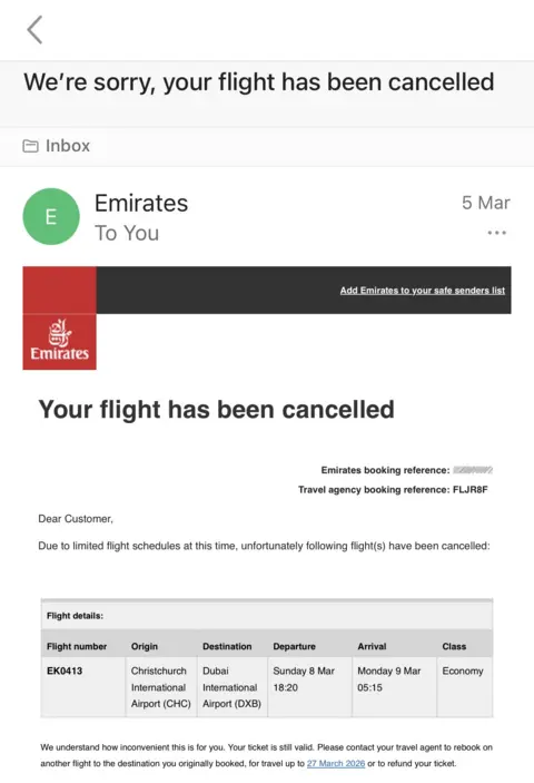 Lori Carnochan A screengrab of an email from Emirates. It says: "Your flight has been cancelled".