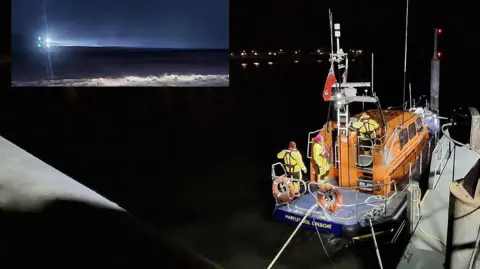 The all weather lifeboat John Sharp pictured at the Ferry Road lifeboat station following the search and (inset) the all weather lifeboat shown searching off Newburn Bridge.