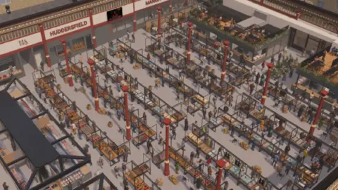Kirklees Council Artist's mock-up of the refurbished Open Market. Several long tables, lined by stalls can be seen. The market's original red pillars are included in the plans.