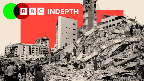 A treated image showing people search at the mound of rubble at the site of the collapsed Sussi Tower