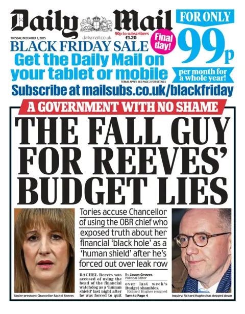 "The fall guy for Reeves' Budget lies" reads the headline on the front page of the Daily Mail.