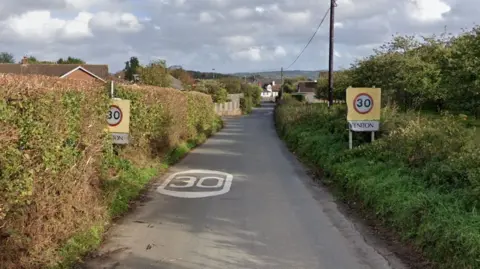 Google Maps A country lane with hedges either side of it leading to the village of Feniton. The road has a large white 30 painted on it. There are two signs either side of the road with a 30mph sign with Feniton written below.