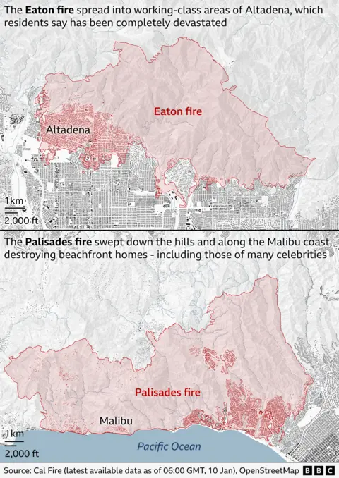 Dois mapas mostrando a extensão dos incêndios de Palisades e Eaton e os edifícios já existentes nas áreas que queimaram