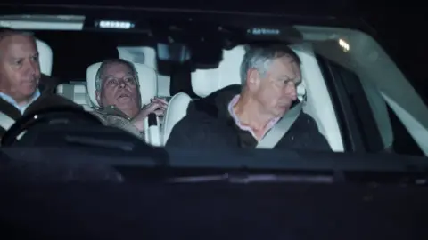 Andrew Mountbatten Windsor, younger brother of Britain’s King Charles, formerly known as Prince Andrew, leaves Aylsham Police Station on a vehicle, on the day he was arrested on suspicion of misconduct in public of office