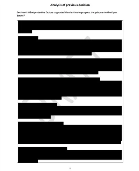 Supplied A heavily-redacted page from a report, with black lines blocking out all the text, for the section which is headed 'analysis of previous decision'