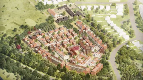 An artists impression drawing from above of the proposed housing development. It shows dozens of homes with terracotta roofs surrounded by trees.