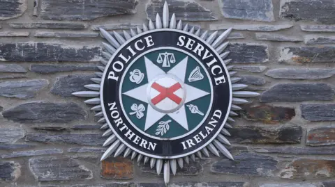 A close up of the Police Service of Northern Ireland crest against a brown brick wall.