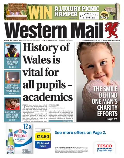 Western Mail Western Mail front page with the splash headline "History of Wales is vital for all pupils - academics"
