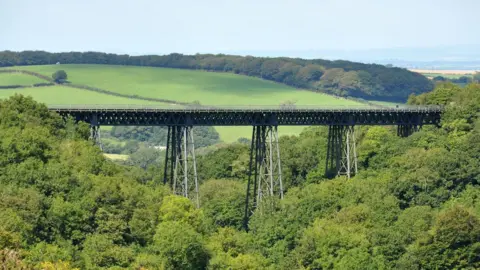 Meldon viaduct seen sideways on with trees around the base of the viaduct at both ends and fields stretching out across Dartmoor