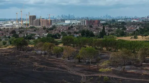 An elevated wide shot of a scorched, blackened field in London following a grass fire. In the background, suburban houses and a construction site with cranes lead to the distant city skyline under a cloudy sky.