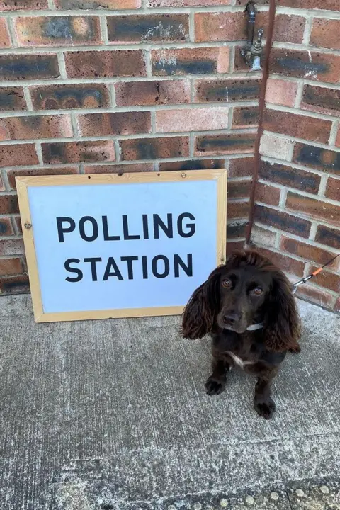 Emma Appleby Bella the dog next to a polling station sign in Darlington