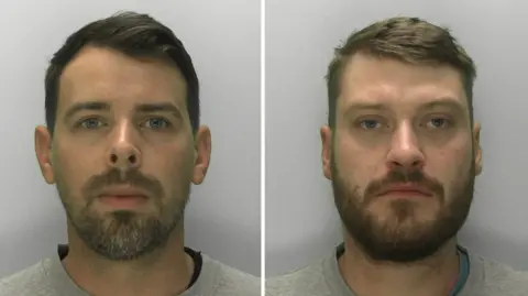 A composite image showing two police mugshots of James Blandford (L) and Jordan Ireland. They are wearing grey t-shirts and standing against plain grey backgrounds, looking at the camera with a blank expression.