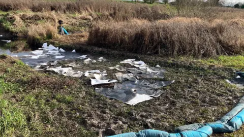 Sam Read/BBC Containment booms are strewn across a boggy field next to a tributary. They appear to be collecting spilt oil.