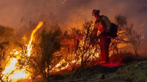 Reuters A firefighter battles the Sites fire near Lodoga, California, US, on Monday night