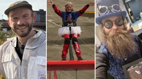 Three side-by-side images; on the left, a man in a beekeepers outfit, white overalls without the mask, smiles at the camera. In the centre, a woman stands on the wing of a red plane. On the right, a man with a large beard and curly moustache wears round sunglasses. 