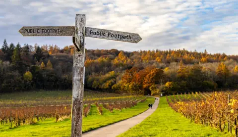 Josh Skelding A public footpath sign points the way, while in the background autumn woodland colours can be seen