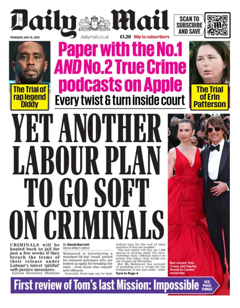 The headline on the front page of the Daily Mail reads: "Yet another Labour plan to go soft on criminals". 