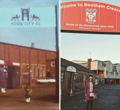 Supplied A grainy image showing a small child under a "York City FC" banner with a stadium in the background next to a picture of a woman wearing a hat and scarf in the same position, but with a new sign which says "Welcome to Bootham Crescent, home of the Minstermen since 1932".