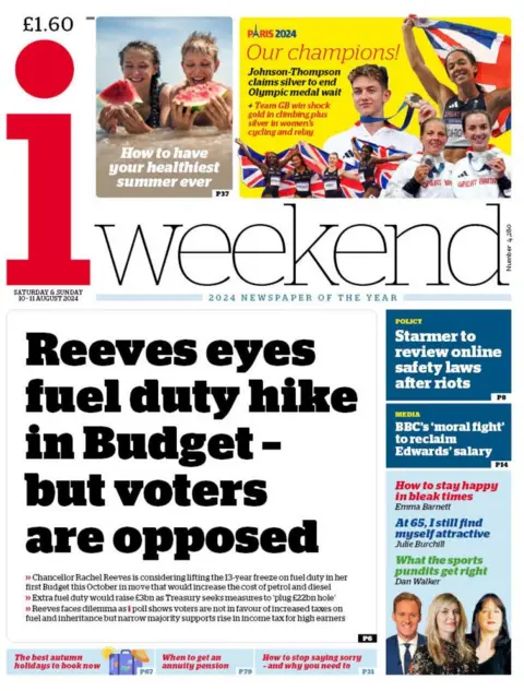 The i Weekend headline reads: Reeves considers fuel duty hike in budget, but voters oppose it