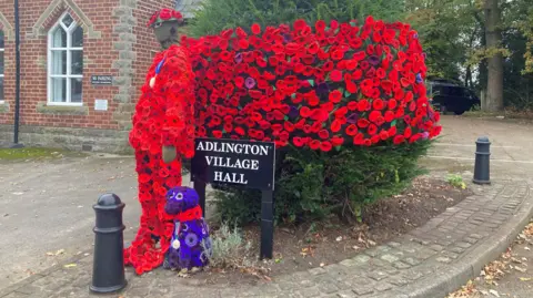 A view of a poppy display next to a sign that says Adlington Village Hall