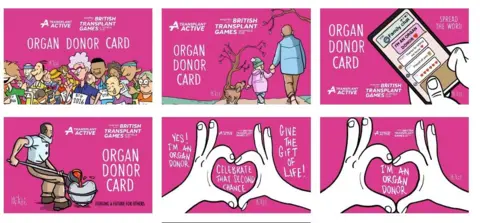 Pete McKee/NHS Six pink organ donation cards designed by Sheffield artist Pete McKee