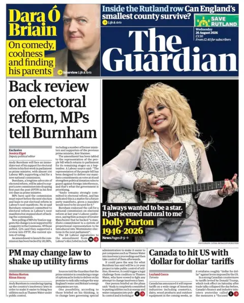 The headline on the front page of the Guardian reads: "Back review on electoral reform, MPs tell Burnham."