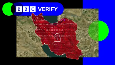 A graphic showing Iran on a map. The country is coloured red with a white padlock icon in the centre. Behind the padlock are several distorted white letters and characters. The BBC Verify logo is in the top left.