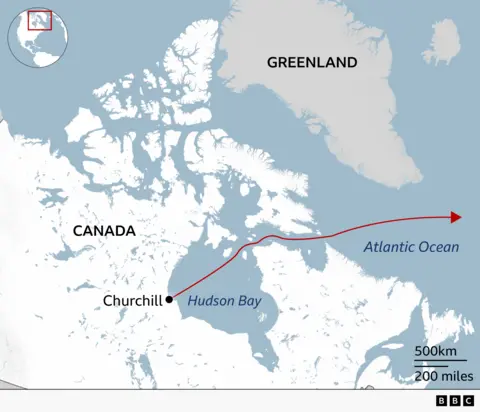 Map showing Churchill location on a map of Canada with an arrow showing the route to the northern Atlantic Ocean