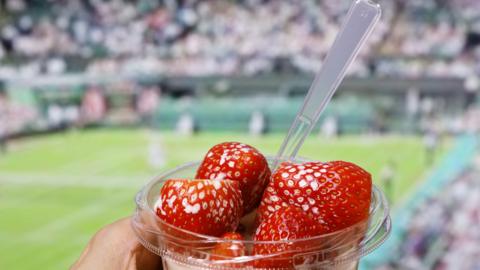 Strawberries in a plastic cup in front of a tennis court 