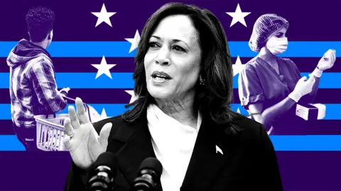 BBC Gestileerde afbeelding van Kamala Harris in zwart-wit op een blauwgestreepte en witte sterrenachtergrond