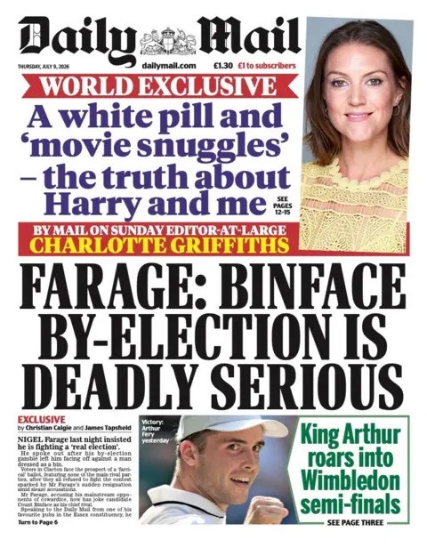 The headline for the front page of the Daily Mail reads: 'Farage: Binface by-election is deadly serious.'