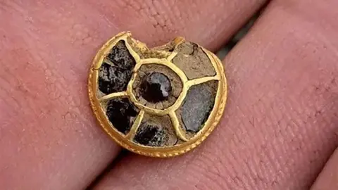 A small Anglo-Saxon era gold and red stone button or stud, slightly damaged on its top edge. It is round and has six compartments on its face, which were inlaid with red stones - some still existing. It is resting on the fingers of the detectorist who found it.