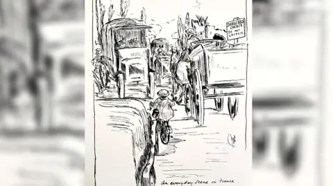 David Burrows A black and white sketch showing a number of vehicles on a road including a horse and cart, several vans and a woman on a bicycle. 