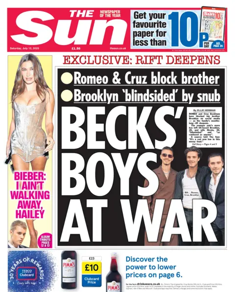 The headline on the front page of the Sun reads: "Becks' boys at war".