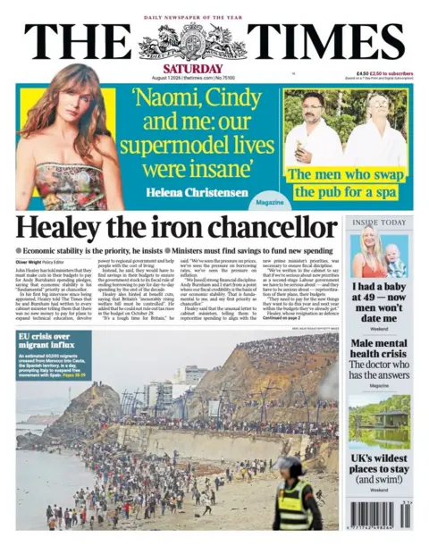 The headline on the front page of the Times reads: "Healey the iron chancellor."