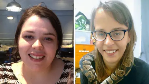 A composite image of both Joanne Pearson and Teohna Grant. Joanne has brown hair and is smiling while wearing a black and white striped top while sat in a restaurant. Teohna has long, light brown hair and glasses with black rims. She is smiling and has a snake around her neck.
