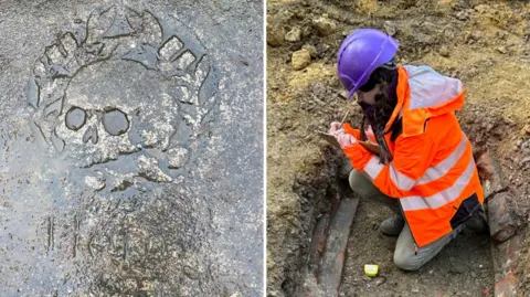 Canterbury Archaeological Trust The left image shows a grave slab with a skull carved into it and a laurel wreath. The right image shows Jess Twyman crouching on the vault at St Mary Bredman and writing notes on a clipboard. She is wearing a hi-vis jacket and purple hard hat. The vault is the shape of a grave and edged in brick.