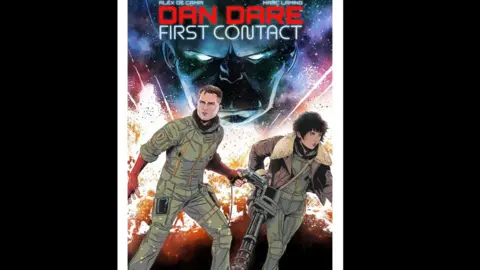 Marc Laming/B7 Comics The image shows the front cover of Dan Dare: First Contact. Dan Dare is armed.